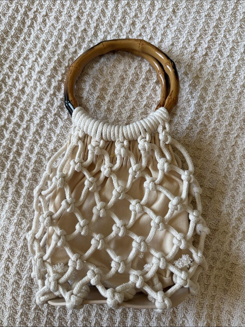 Womenβs Cream MacramΓ© Tote with βBambooβ Handle